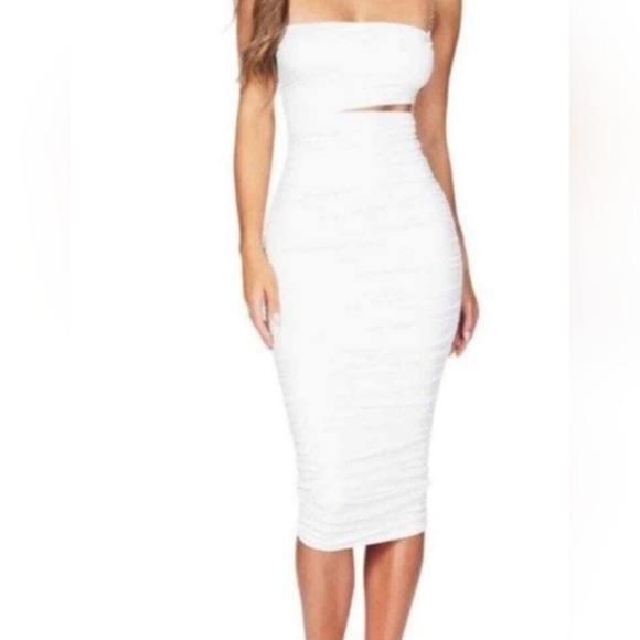 Nookie Tia Midi Dress White Strapless Ruched Gold Chain Cutout‎ Size S - Picture 2 of 9